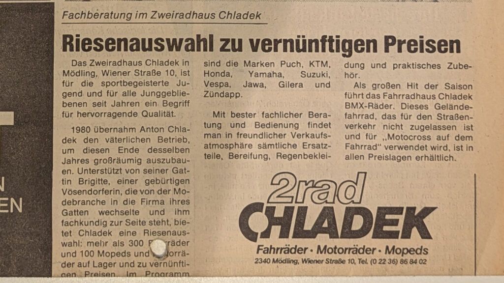 Zeitungsartikel Chladek 1984